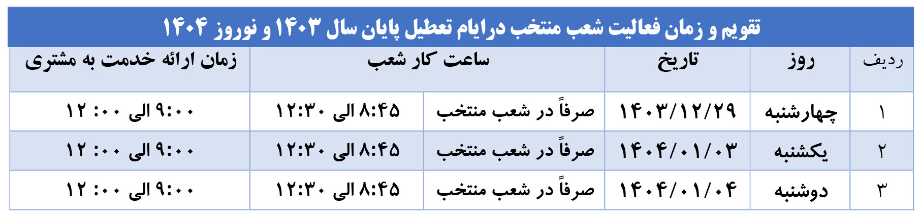 ساعت فعالیت شعب کشیک